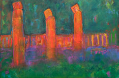 Original art for sale at UGallery.com | The Sculpted Garden by Robin Okun | $1,700 | acrylic painting | 24' h x 36' w | thumbnail 1