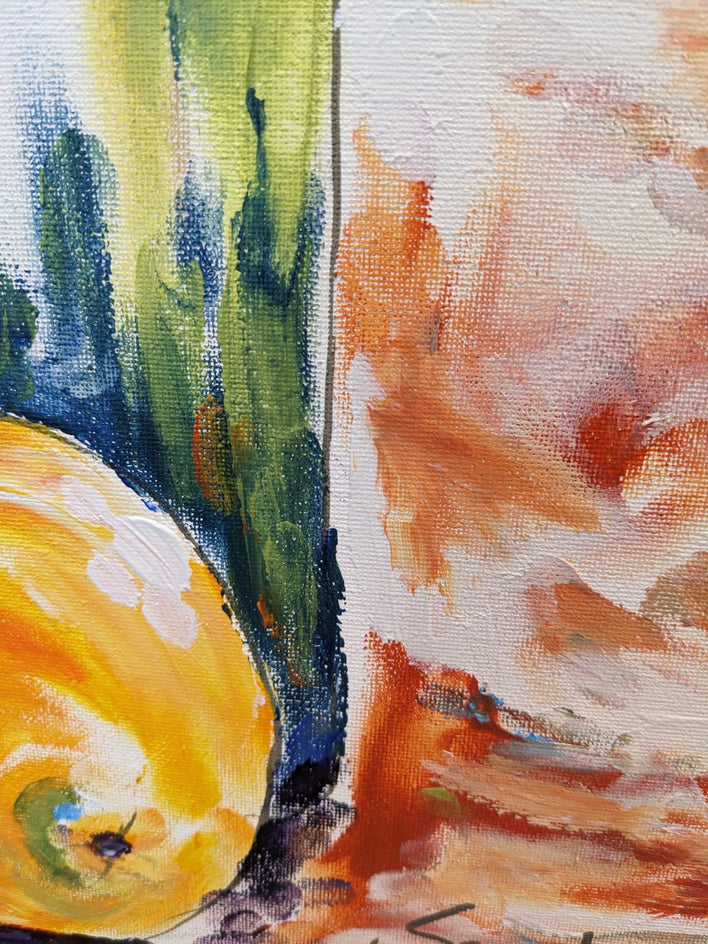 Two Bottles and an Orange by Samuel Pretorius |  Closeup View of Artwork 