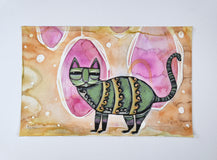 Original art for sale at UGallery.com | Cat on the Moon by Sara Rodighiero | $450 | mixed media artwork | 7' h x 11' w | thumbnail 3