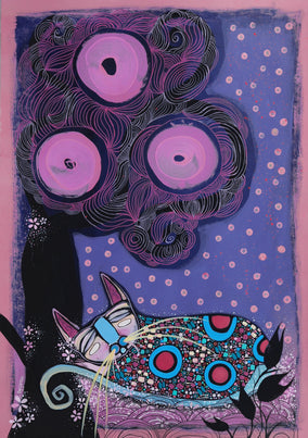 Original art for sale at UGallery.com | Catnap Under the Cherry Tree by Sara Rodighiero | $850 | mixed media artwork | 16.5' h x 11.7' w
