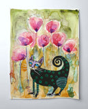 Original art for sale at UGallery.com | Kitty Between Poppies by Sara Rodighiero | $550 | mixed media artwork | 12.6' h x 9.5' w | thumbnail 3