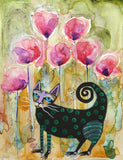 Original art for sale at UGallery.com | Kitty Between Poppies by Sara Rodighiero | $550 | mixed media artwork | 12.6' h x 9.5' w | thumbnail 1