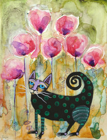 mixed media artwork by Sara Rodighiero titled Kitty Between Poppies