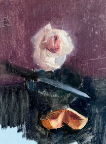 oil painting by Sara Sisun titled Wilting Rose, Peach, Knife