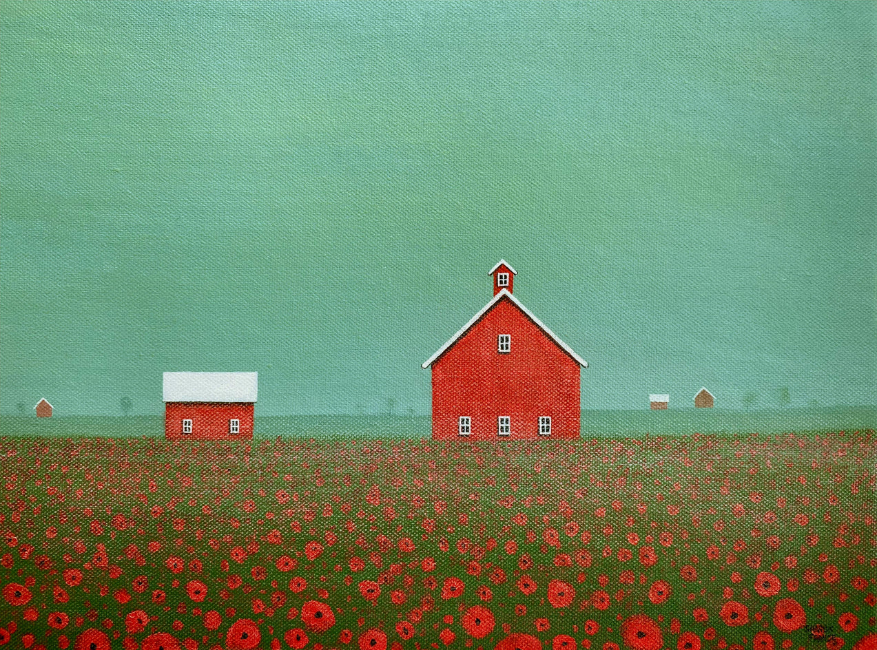 Overcast Sky over the Poppy Farm by Sharon France |  Closeup View of Artwork 