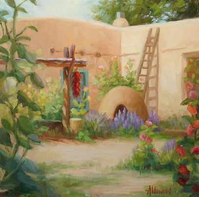 Kiva and Hollyhocks by Sherri Aldawood | Artwork Main Image