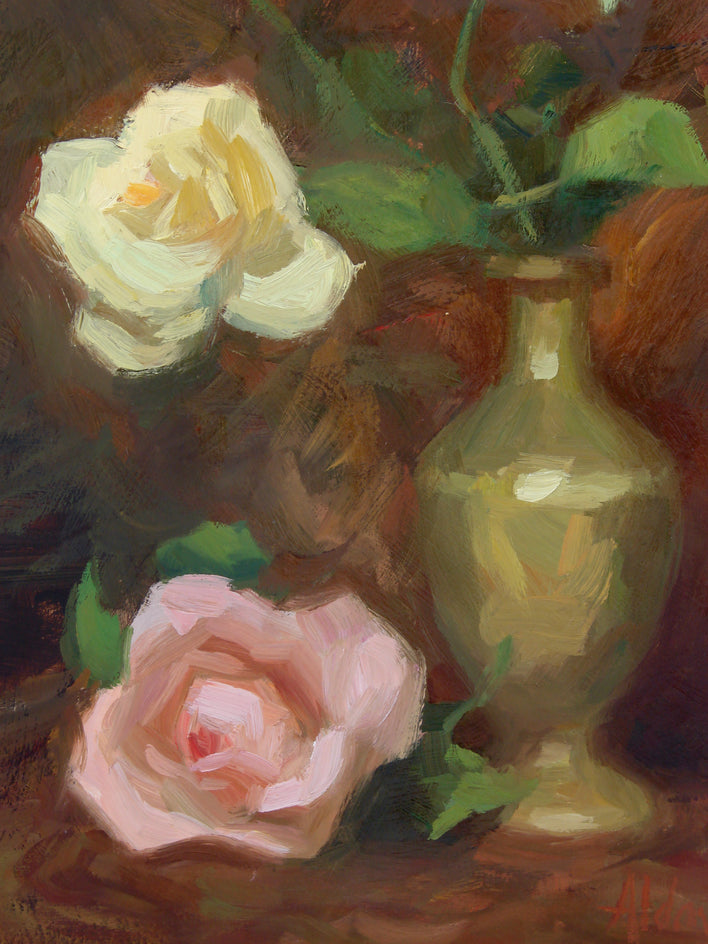 Roses in Brass Vase by Sherri Aldawood |  Closeup View of Artwork 