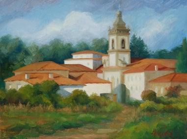oil painting by Sherri Aldawood titled Village Steeple
