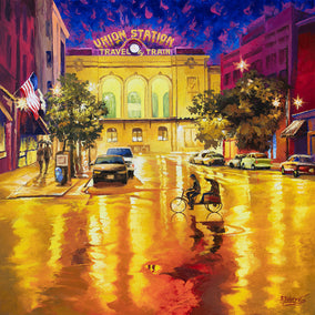 oil painting by Stanislav Sidorov titled Lights Reflection After the Rain. Union Station