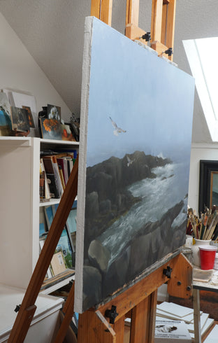 Monhegan Morning - Fog and Seagulls by Steve Boggs |  Side View of Artwork 