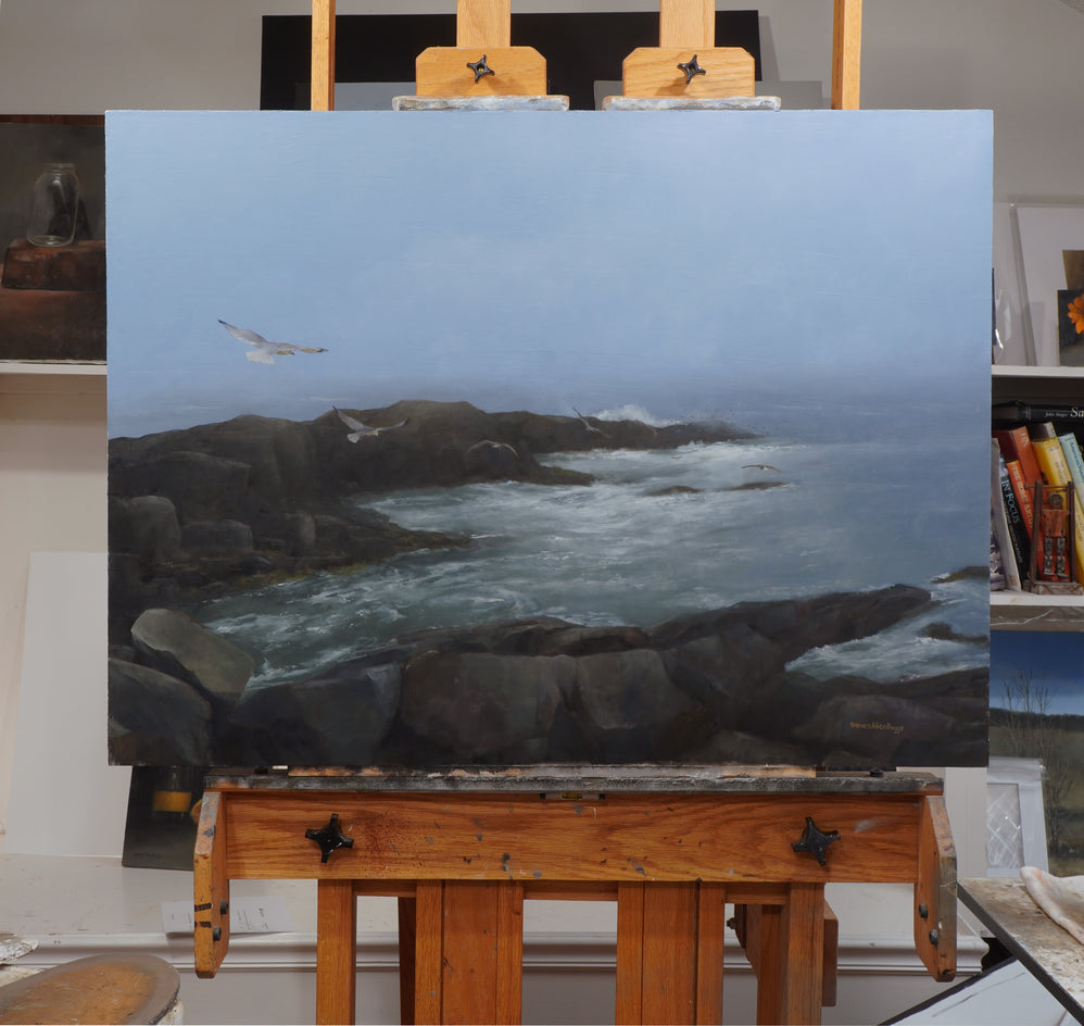 Monhegan Morning - Fog and Seagulls by Steve Boggs |  Context View of Artwork 