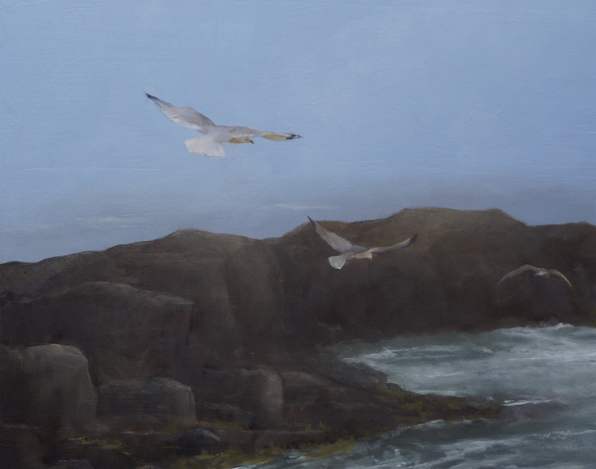 Monhegan Morning - Fog and Seagulls by Steve Boggs |  Closeup View of Artwork 