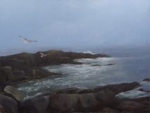 Original art for sale at UGallery.com | Monhegan Morning - Fog and Seagulls by Steve Boggs | $2,175 | oil painting | 30' h x 40' w | thumbnail 1