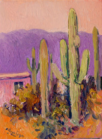 oil painting by Suren Nersisyan titled Evening in Arizona, Saguaros
