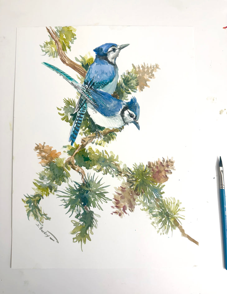 Blue Jays Among the Pines by Suren Nersisyan |  Closeup View of Artwork 