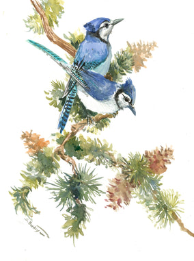 Original art for sale at UGallery.com | Blue Jays Among the Pines by Suren Nersisyan | $325 | watercolor painting | 16' h x 12' w