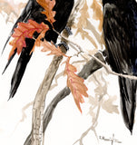 Original art for sale at UGallery.com | Two Ravens on the Autumn Oak Tree by Suren Nersisyan | $325 | watercolor painting | 16' h x 12' w | thumbnail 2