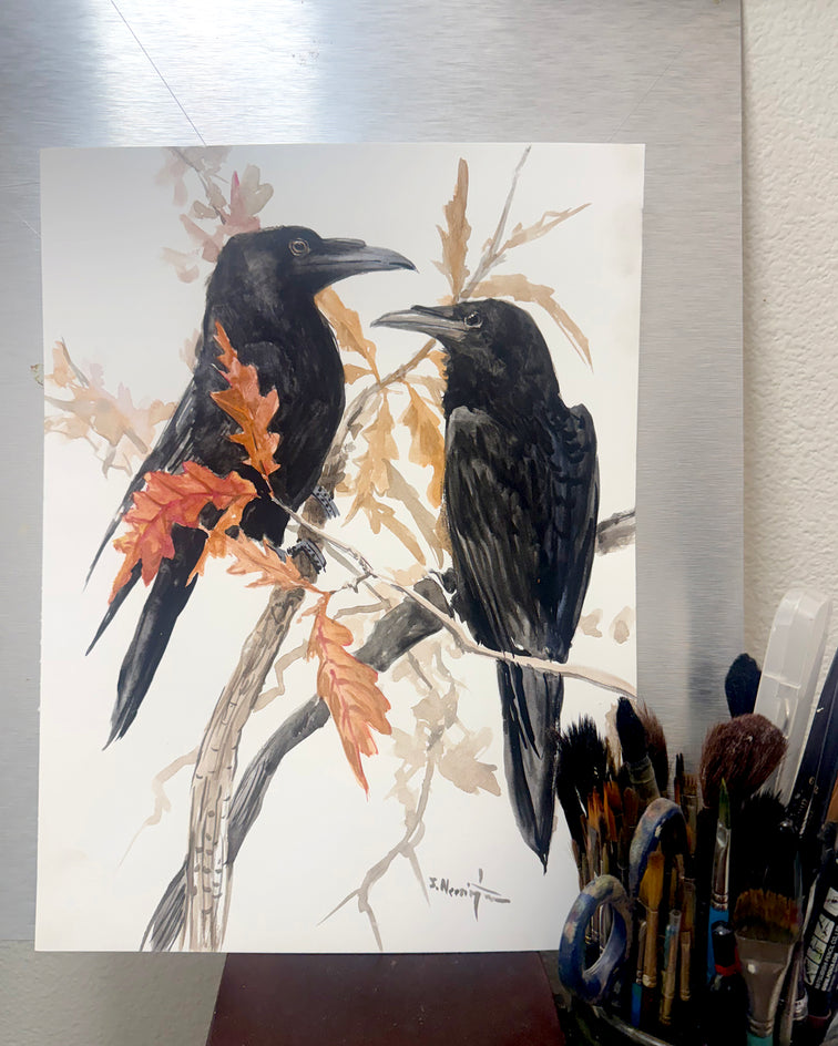 Two Ravens on the Autumn Oak Tree by Suren Nersisyan |  Closeup View of Artwork 