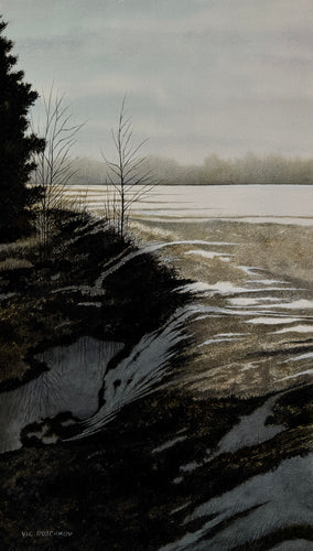 Original art for sale at UGallery.com | Winter Shadows by Vic Roschkov | $725 | watercolor painting | 25' h x 14.25' w