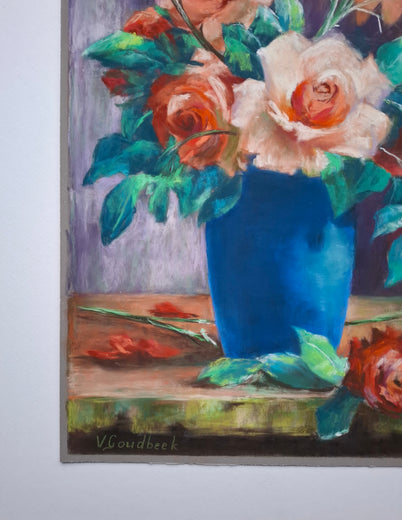 Orange Roses in a Blue Vaas by Viktoria Goudbeek |  Side View of Artwork 