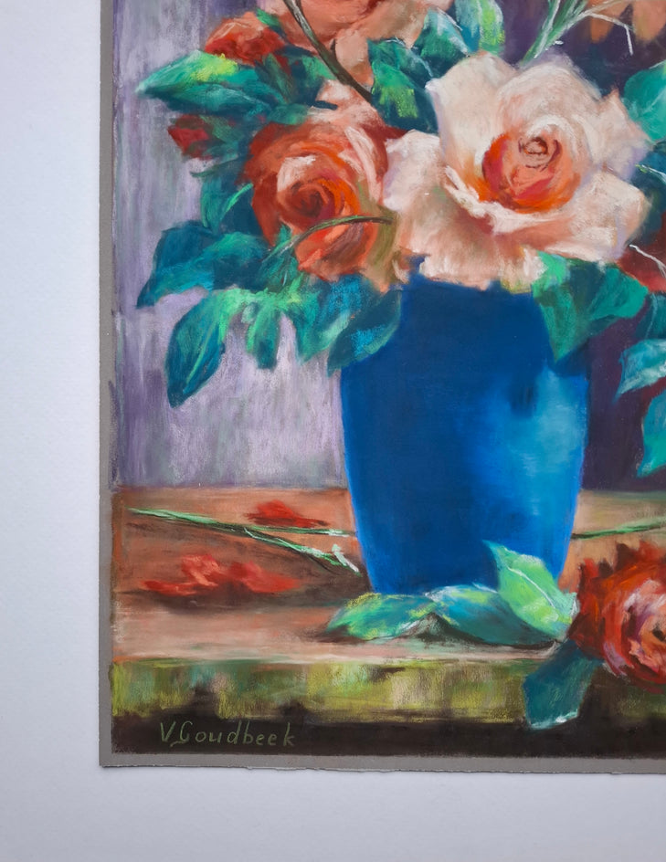Orange Roses in a Blue Vaas by Viktoria Goudbeek |  Side View of Artwork 