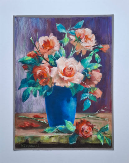 Orange Roses in a Blue Vaas by Viktoria Goudbeek |  Context View of Artwork 