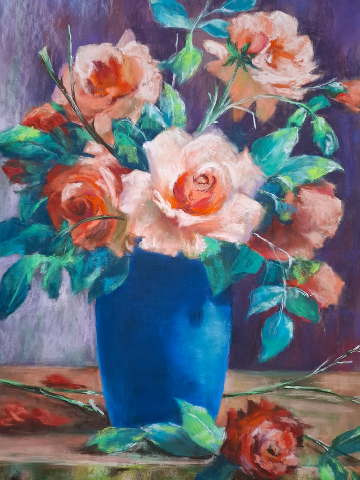 Orange Roses in a Blue Vaas by Viktoria Goudbeek |  Closeup View of Artwork 