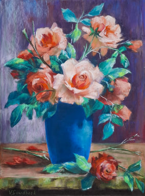 Original art for sale at UGallery.com | Orange Roses in a Blue Vaas by Viktoria Goudbeek | $550 | pastel artwork | 15.7' h x 11.8' w