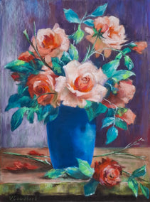 pastel artwork by Viktoria Goudbeek titled Orange Roses in a Blue Vaas