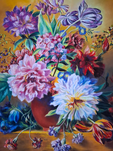 Still Life with Flowers in the Style of Dutch Masters 2 by Viktoria Goudbeek |   Closeup View of Artwork 