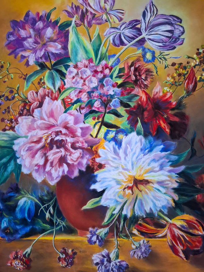 Still Life with Flowers in the Style of Dutch Masters 2 by Viktoria Goudbeek |  Closeup View of Artwork 