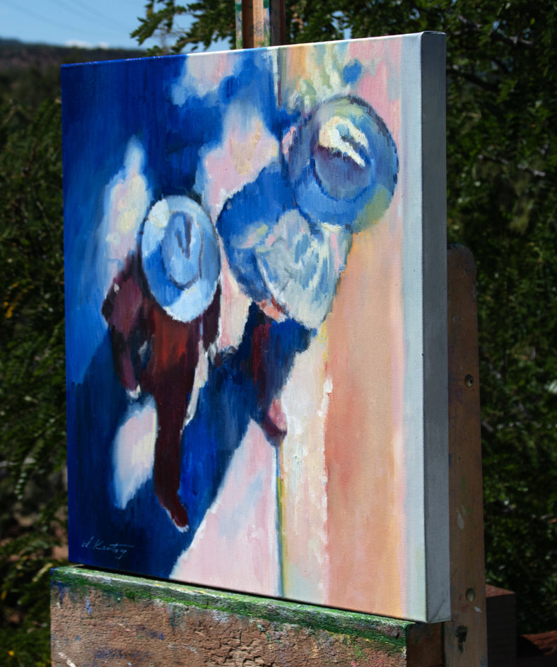Hats and Shadows in Santa Fe by Warren Keating |  Side View of Artwork 