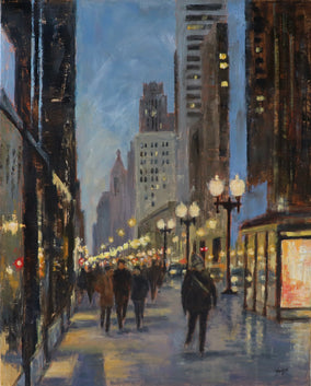 Original art for sale at UGallery.com | Michigan Ave Glow by Yangzi Xu | $950 | oil painting | 20' h x 16' w