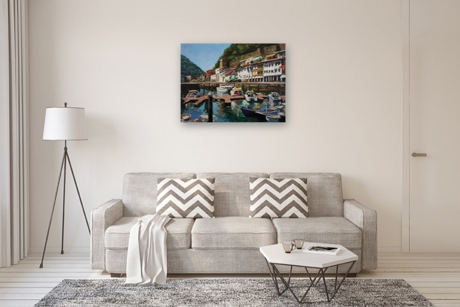 Boat Docks in San Sebastian by Jonelle Summerfield |  In Room View of Artwork 