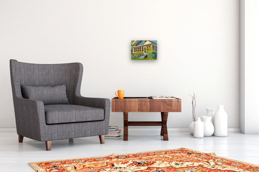 Blue House with Sunflowers by Karen d’Angeac Mihm |  In Room View of Artwork 