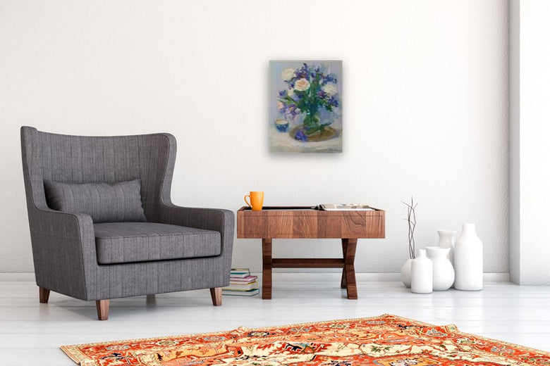 Irises and Roses by Oksana Johnson |  In Room View of Artwork 