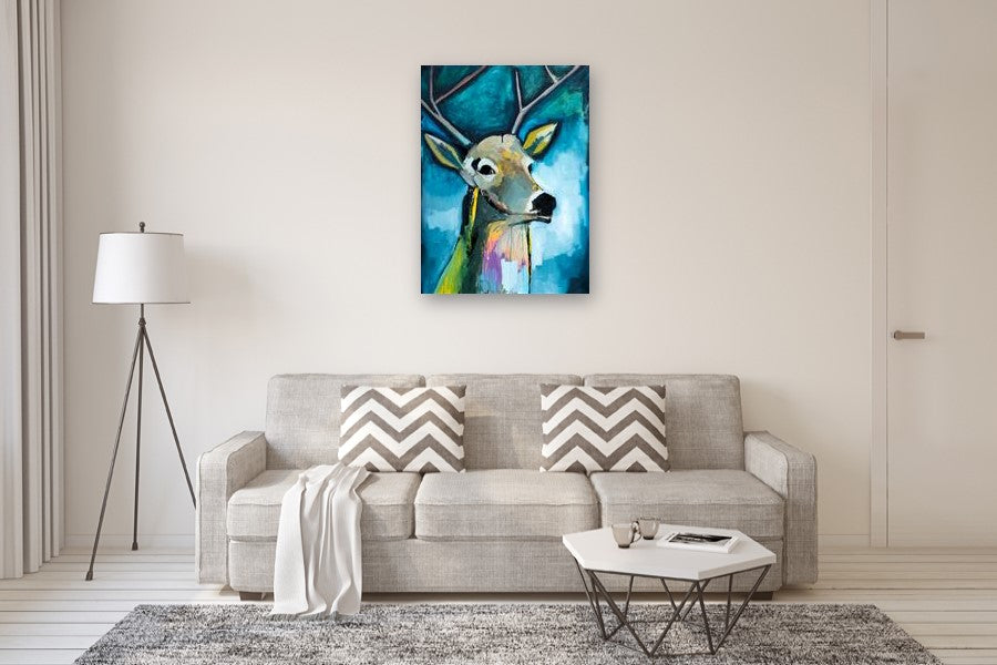 A Deer on Blue by Scott Dykema |  In Room View of Artwork 