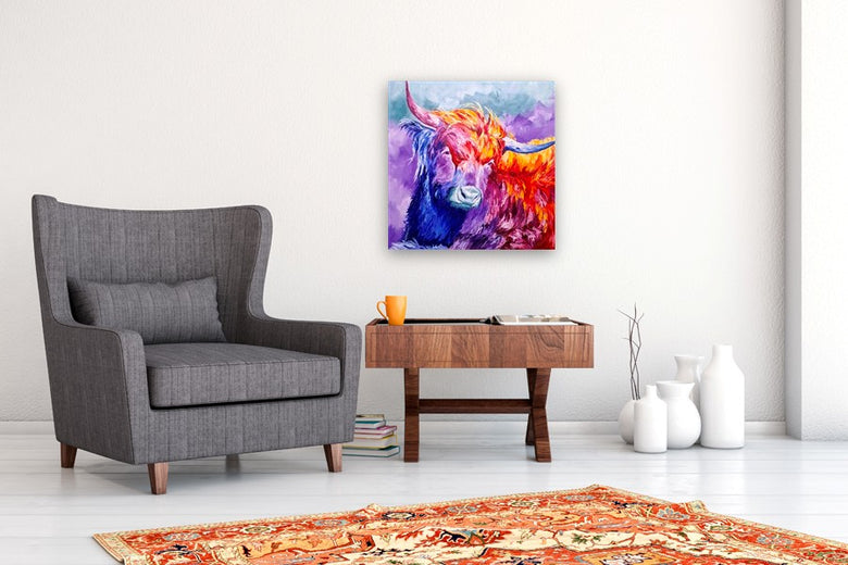 Sunlit Bliss of a Highland Beauty by Viktoria Goudbeek |  In Room View of Artwork 