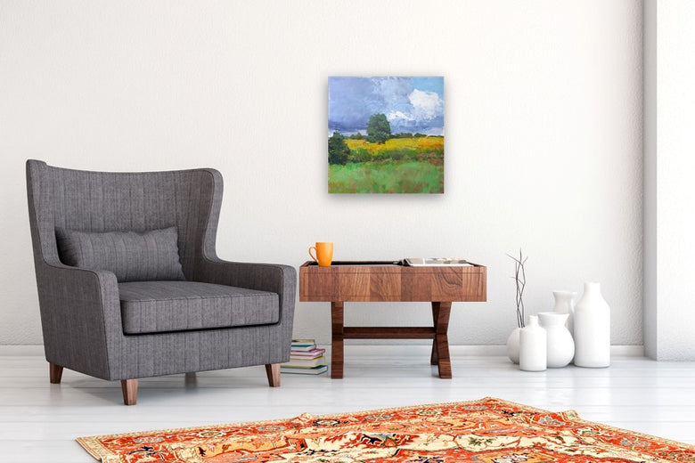 Yellow Field with Clouds by Janet Dyer |  In Room View of Artwork 