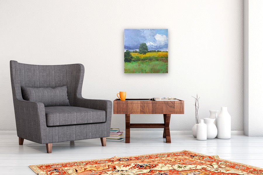 Yellow Field with Clouds by Janet Dyer |  In Room View of Artwork 
