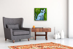 Blue Cat on Green by Jessica JH Roller |  In Room View of Artwork 