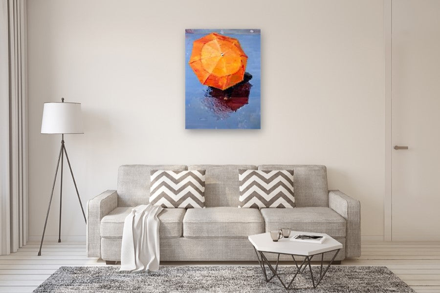 Orange Umbrella In Paris Rain #8 by Warren Keating |  In Room View of Artwork 