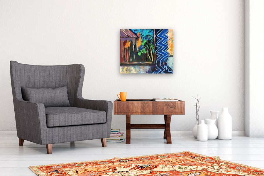 Threshold with Blue Curtain by Lynne Meneses |  In Room View of Artwork 