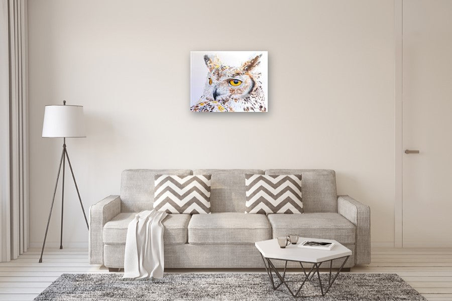 Max the Great Horned Owl Hearing Hooting by Emil Morhardt |  In Room View of Artwork 