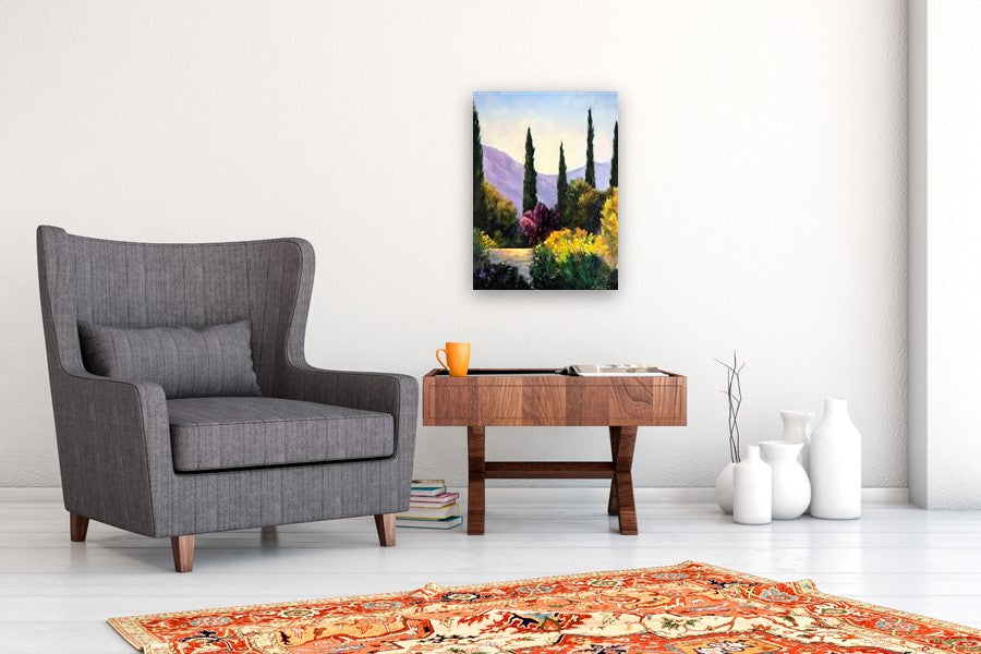 Garden Vista, Cypresses and Plum by Elizabeth Garat |  In Room View of Artwork 