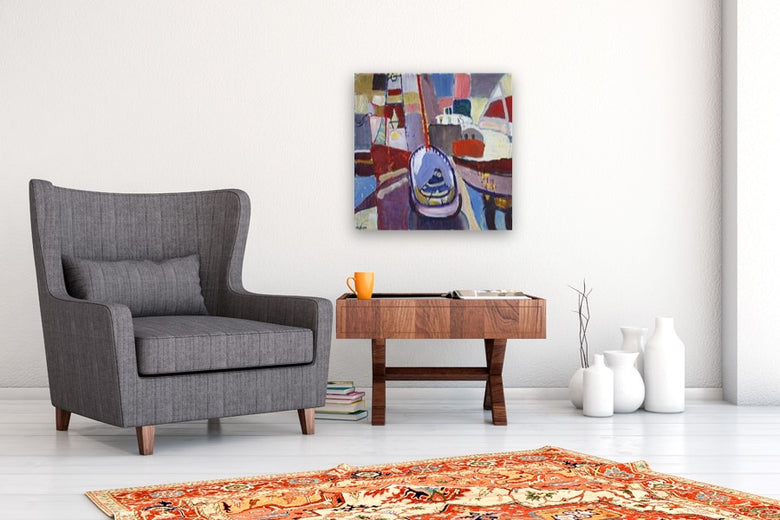 Sailboat with a Red Mast by Robert Hofherr |  In Room View of Artwork 