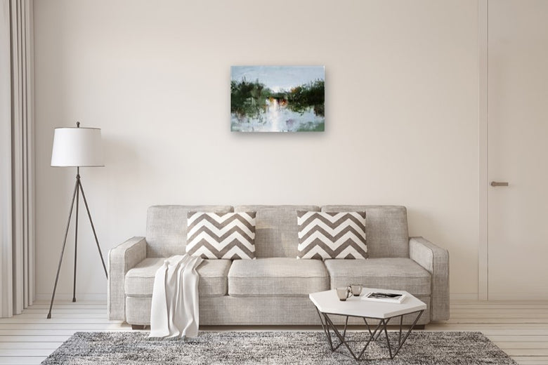 Huitt Pond - Morning by Ronda Waiksnis |  In Room View of Artwork 