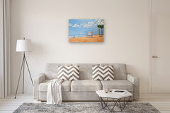 Original art for sale at UGallery.com | Lifeguard Tower and Beachgoers by Samuel Pretorius | $1,100 | acrylic painting | 24' h x 36' w | thumbnail 5