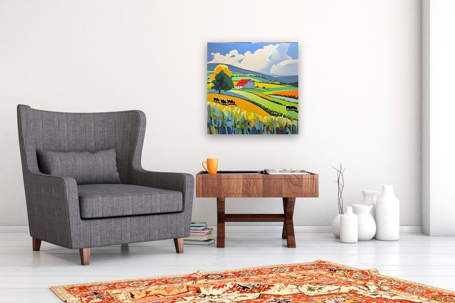 Red Roof Rolling Hills by John Jaster |  In Room View of Artwork 