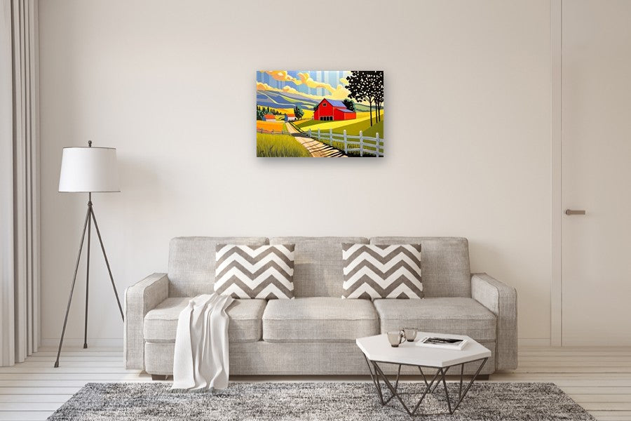Red Barn Blue Sky by John Jaster |  In Room View of Artwork 